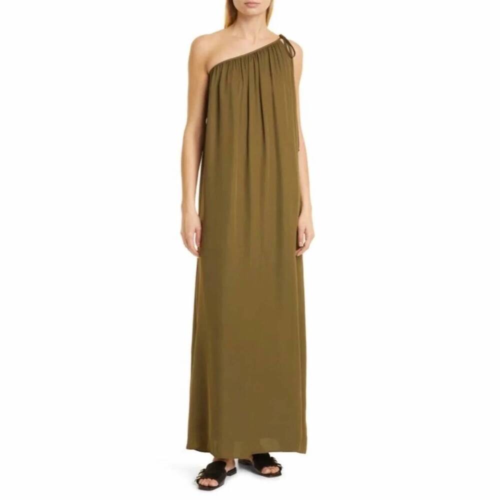 NEW TWP mackizi silk chiffon one-shoulder maxi dress in olive green